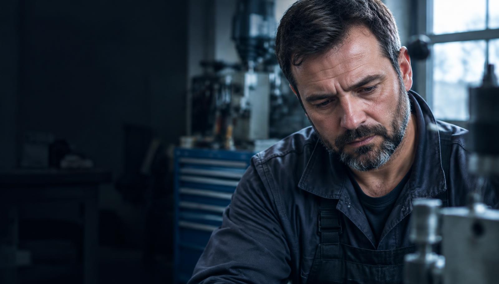 Nachdenklicher Handwerker in einer Werkstatt